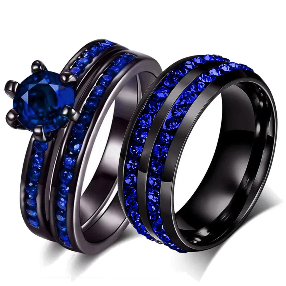Fashion Couple Rings Romantic Blue Rhinestones CZ Women Rings Set Trendy Men Stainless Steel Zirconia Ring Wedding Band Jewelry
