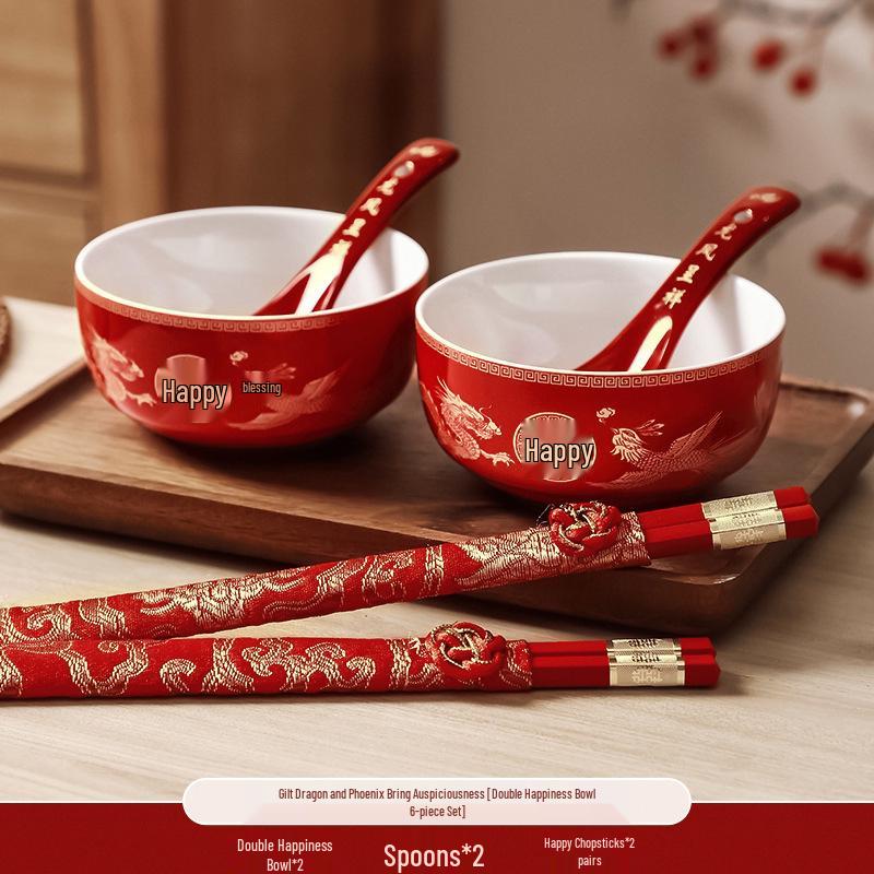 Wedding Tea Cup & Chopstick Set: Toasting Bowls and Red Dowry Supplies