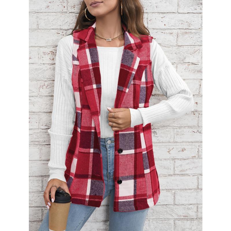 YYFS Women's Fashion Casual Plaid Print Autumn Winter Sleeveless POLO Neck Jackets & Coats