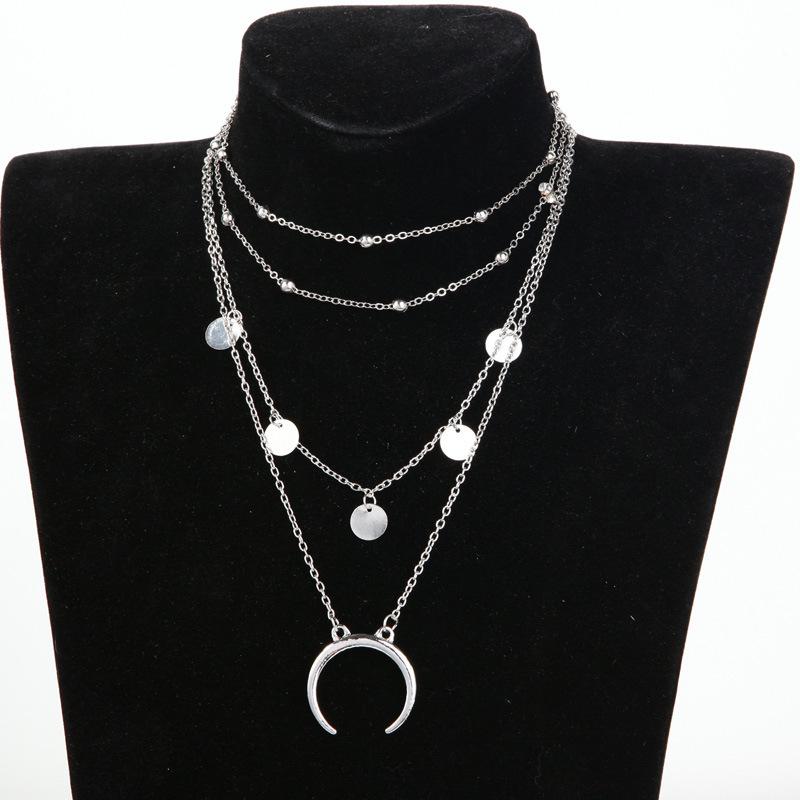 European & American Fashion Multi-layer Moon & Round Bead Choker Necklace