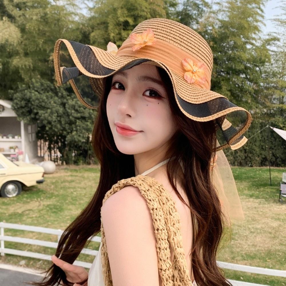 Wide-brimmed Straw Hat Breathable Beach Hat Sweet Sun Hat  for Summer Sun Protection