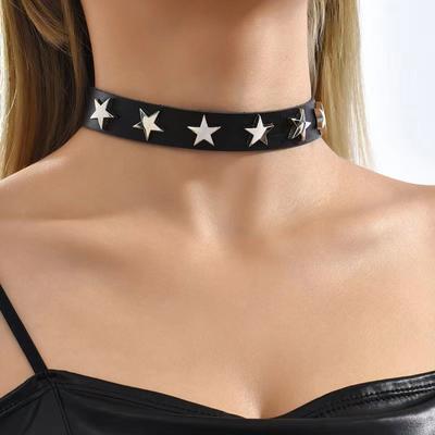 New Rock Punk Fashion Simplicity Pentagram Black PU Leather Personality Simplicity Women's Neck Necklace