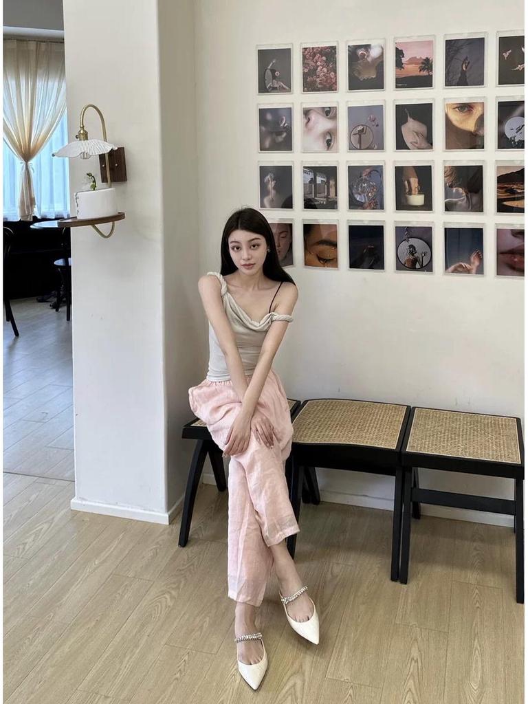 2024 Summer Arrival: Women's Shrimp Pink Tulle Linen Wide-Leg Long Pants