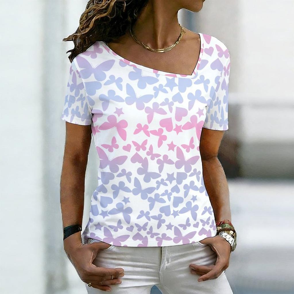 Women Square Neck Short Sleeve Top Black Galaxy Colorful Glitter Butterfly Print Blouse