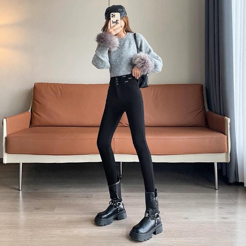 High waist breasted jeans women's pants winter new fleece thickened fashion slim-fitting elastic thin burrs pants