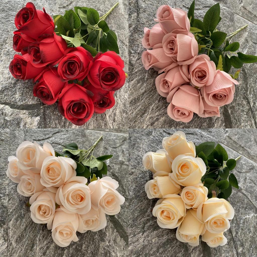 Realistic Rose Silk Buds 9 Stems Artificial Flowers Home Decor Props Photography