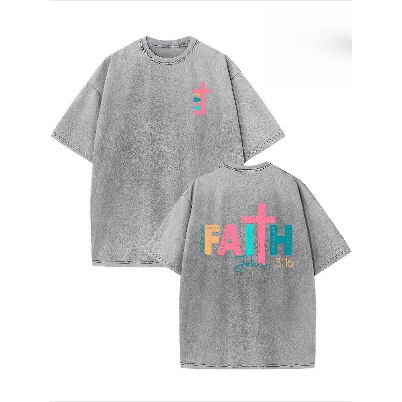 Vintage Creative Pattern Washed "Faith" Double-Sided Printed Pure Cotton Washed Drop Shoulder Men's Vintage Street Basic Loose Hip-Hop Top