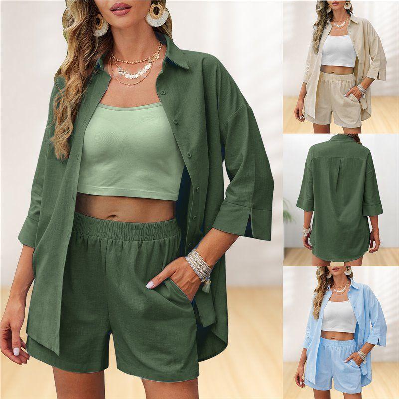 2025 European and American Solid Women Casual Loose Short Sleeve Shorts Set Casual Loose Shorts Set
