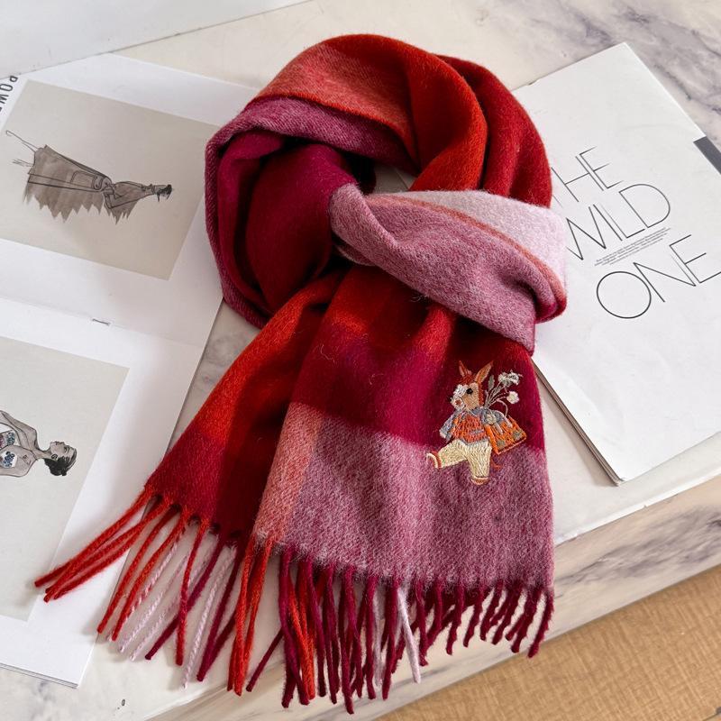 New Year's pony simple three-dimensional embroidery couple's thickened scarf men's and women's pure plaid scarf gifts