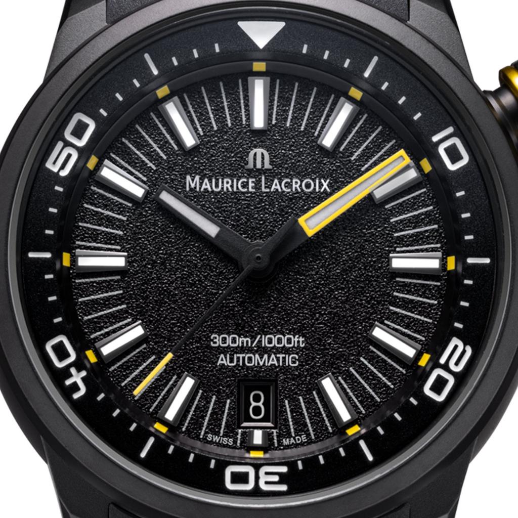 Maurice Lacroix PONTOS S Diver 42mm Revestimento DLC Preto Mostrador Preto Granulado Pulseira de Borracha Relógio Automático Masculino (PT6248-DLB00-330-2)