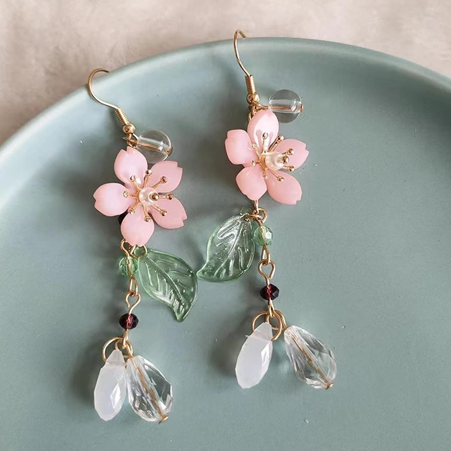 Pink Flower Dangle Earrings for Women: Cute Cherry Blossoms Pearl Leaf Sakura Floral Drop Fairy Floral Tassel Earrings for Summer Holiday