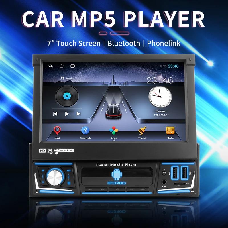 1 Din 7" Universal Car Radio Retractable Touch Screen Android 12 Multimedia Video Player Navigation GPS 4G Wireless Carplay Auto