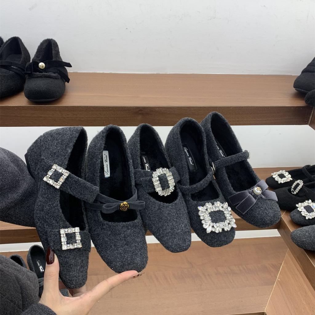 New gray square head small fragrant shoes women's shallow mouth velvet warm Mary Jane shoes rhinestone fluffy shoes cotton shoes commuting