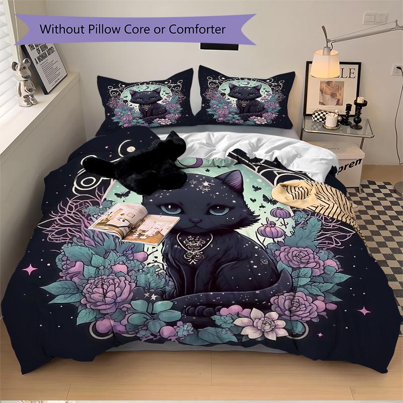 3pcs Witchy Cat Bedding Set, Including 1 Quilt Cover and 2 Pillow Shams, Without Filling, Soft and Comfortable Home Bedroom Fabric, Fashiona