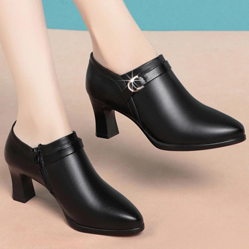 Dicker Absatz Einzelne Schuhe Damen Weiche Sohle 2024 Frühling Neu Hoher Absatz Spitzleder Schuhe Weiches Leder Tiefer Ausschnitt Mutterschuhe