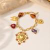 Vintage Retro Stainless Steel Heart Charm Bracelet 18K Gold Plated Large Bracelet With Resin Crystal Beads for Women