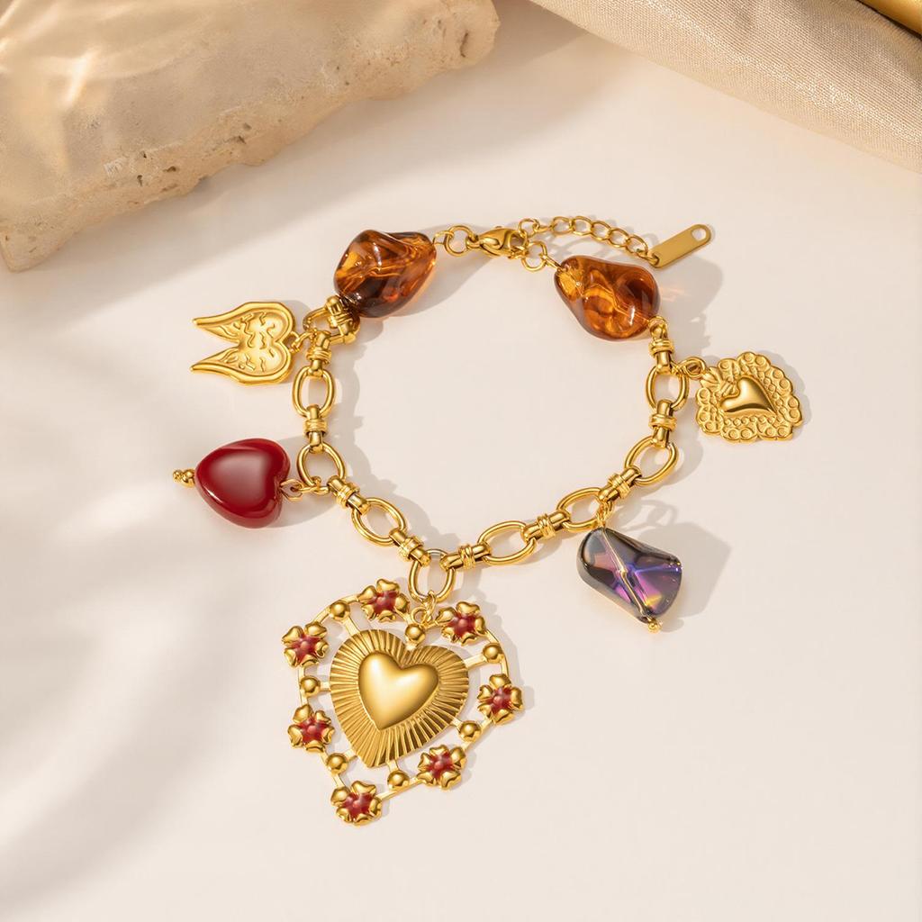 Vintage Retro Stainless Steel Heart Charm Bracelet 18K Gold Plated Large Bracelet With Resin Crystal Beads for Women