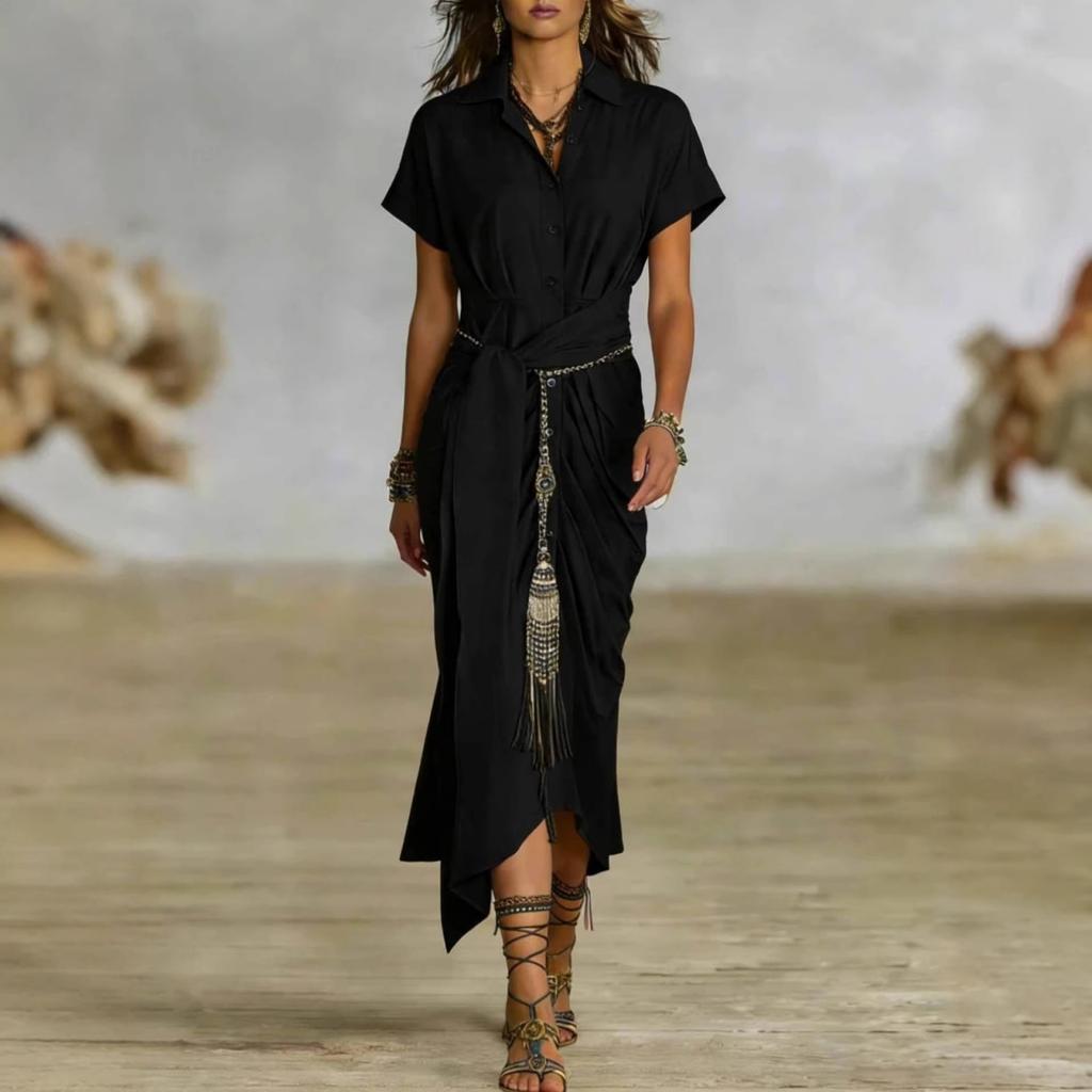 Women's -color Short-sleeved Pleated Bohemian Shirt Dress