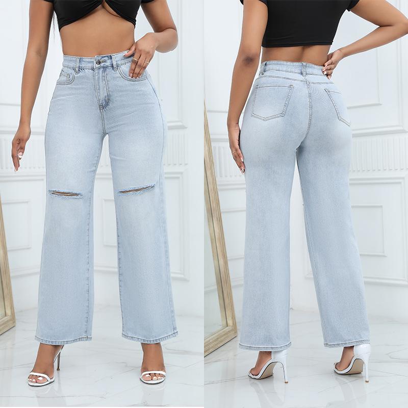 2023 Trendy European & American Ripped Bell Bottom Mid-Waist Loose Denim Pants for Women