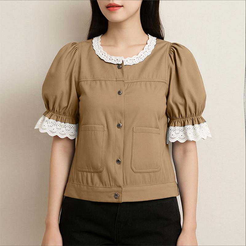 ZANZEA Women Casual Lace Splice Round Neck Summer Short Sleeve Blouse