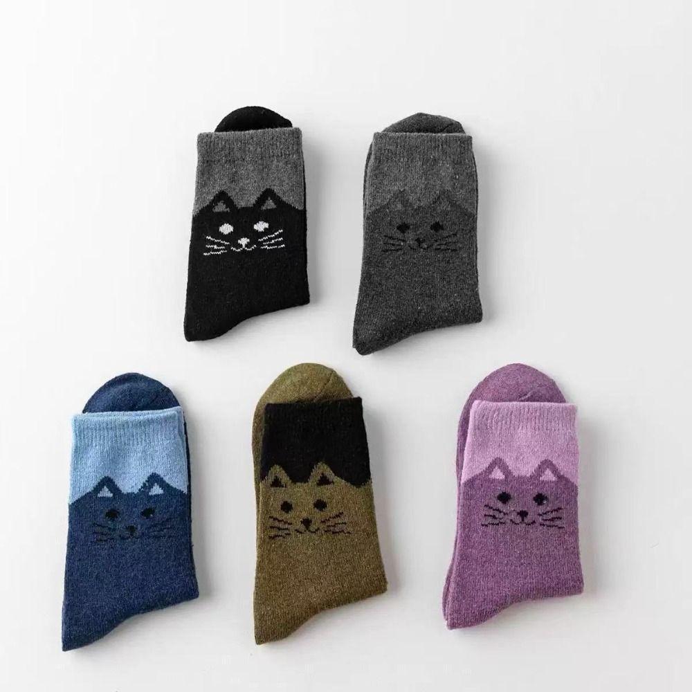 5 Pairs Elastic Cuff Mid Calf Socks Soft Breathable Cartoon Cat Socks Street Matching