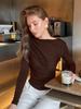 French Retro Brown Round Neck Cami Top Women's Fall Winter Bodycon Slim Fit Long Sleeve T-Shirt
