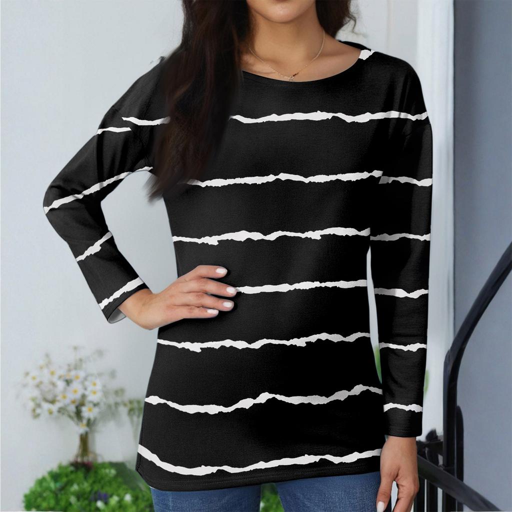 Women's Fashionable Casual Printed Long Sleeved Round Neck Top Round Neck Top Top