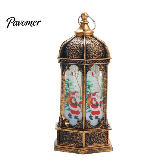 Decorative Holiday Desk Lamp Hexagon Christmas Lantern, LED Vintage Glowing Tabletop with Painted Night Light Scene, Flameless Candle for Bedroom And