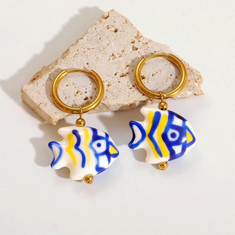Ceramic Dopamine Fish Starfish Earrings For Women Colorful Vibrant Pendant Youthful Stainless Steel Jewelry Gift