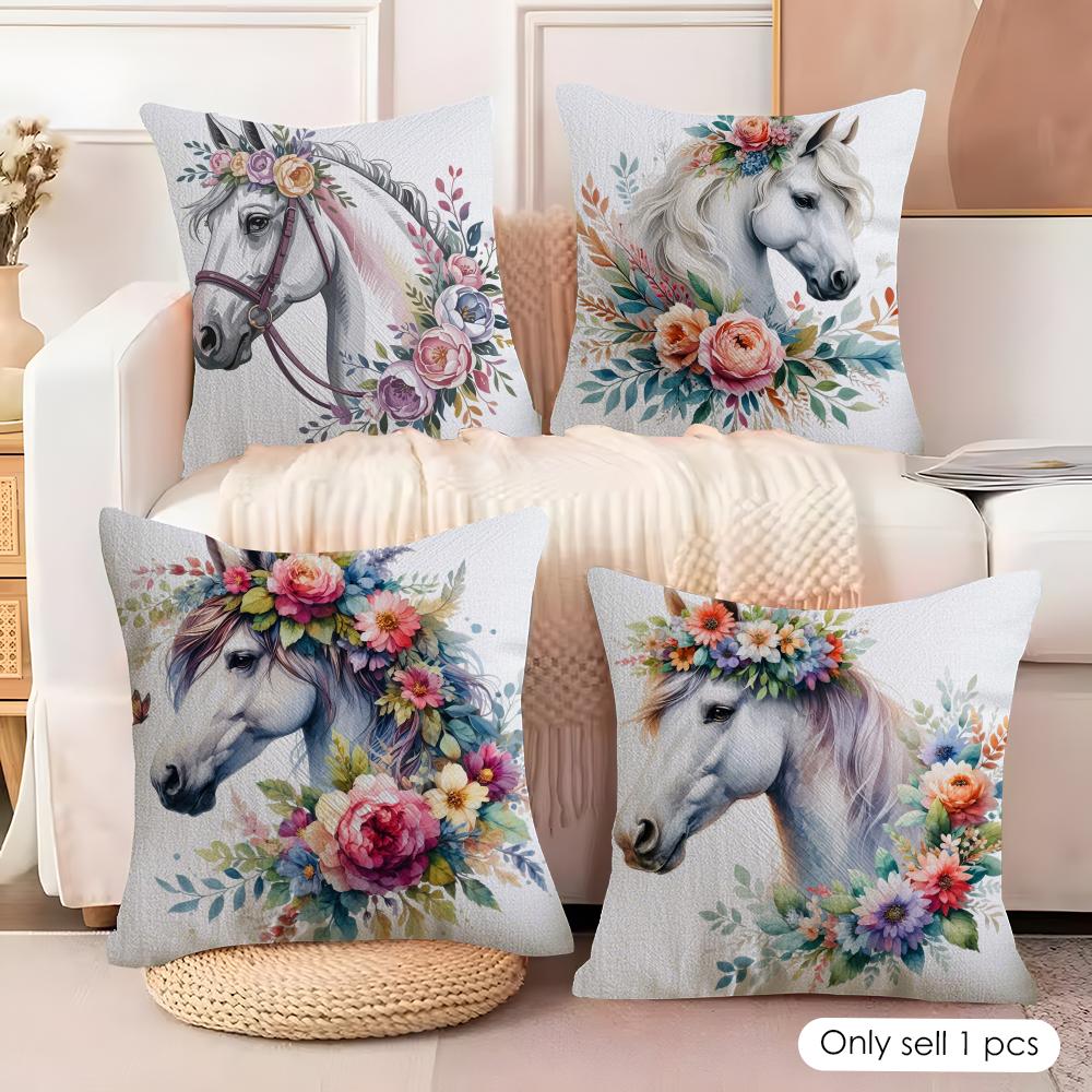 Watercolor Horse  Floral Cushion Cover Soft Plush Fabric DoubleSided Printed Cushion Covers for All Seasons Modern Home Decor