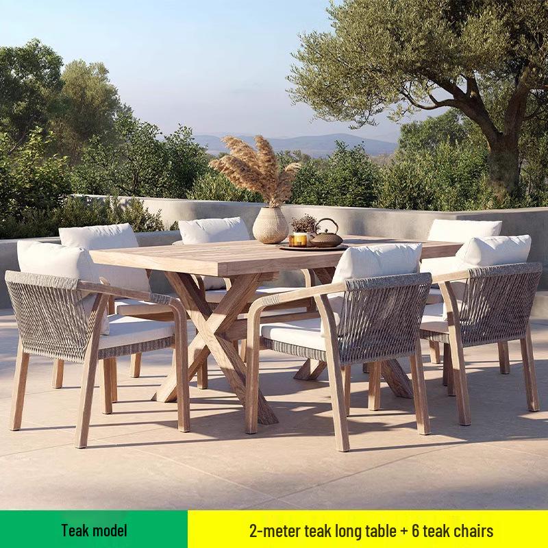 Teak Rattan Outdoor Dining Set: Waterproof Table & Chairs for Terrace or Garden