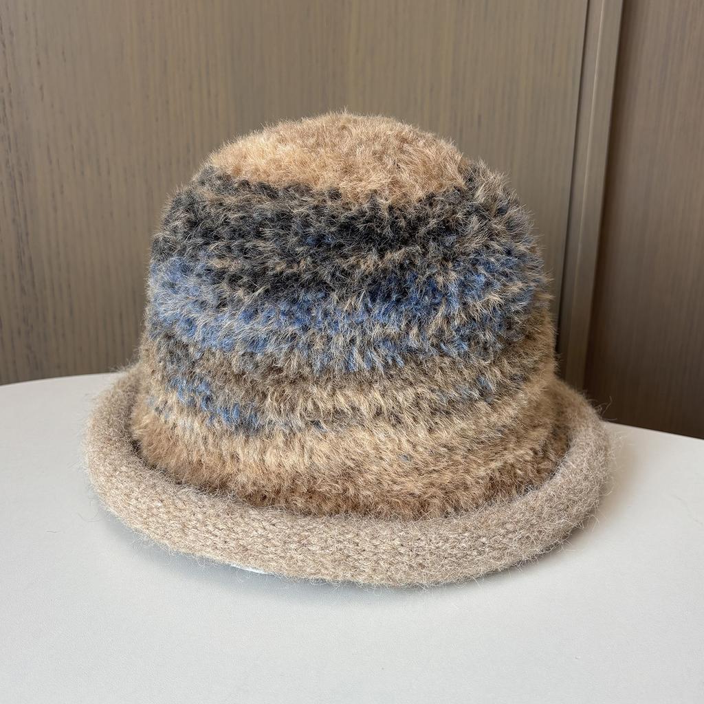 Famous Style Mixed Color Knitted Fluffy Hat Thickened Crimped Bucket Hat Women'S Warm Ear Protection Washbasin Hat