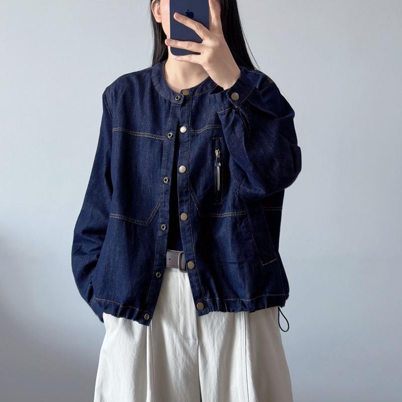 

Women s Contrast Stitch Round Neck Denim Jacket - Spring 2026 Edition: Unique, Stylish, and Casual. One Size (Up to 75 kg)