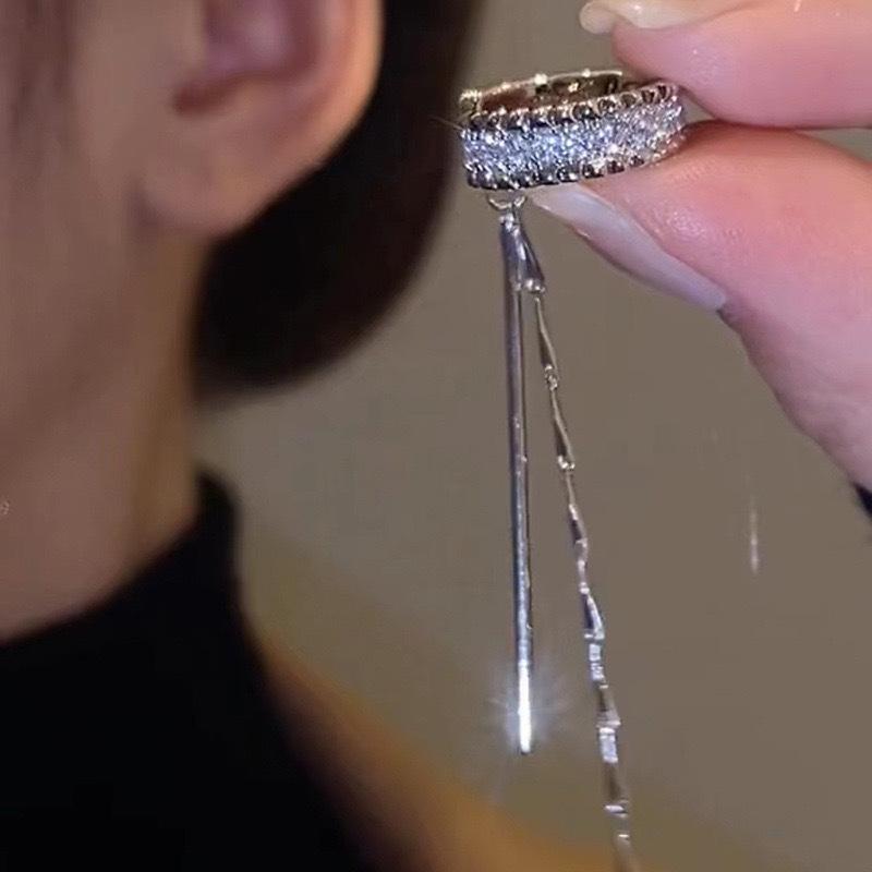 Silver Color Crystal Tassel Non-Piercing Cuff Ear Clip Earring for Women Shiny Zircon Chain Fake Cartilage Piercing Jewelry
