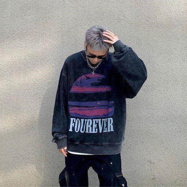 Vintage Distressed Sweatshirts Fleece Women Hip Hop Streetwear O-Neck Loose Long Sleeve Print Graphic Hoodie Autumn Winter