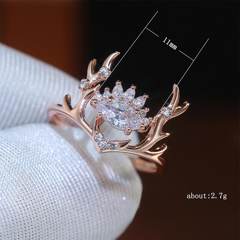 Huitan Fashion Elk Women Ring Rose Gold Color Cute Antler Crystal Zirconia Christmas Party Present Rings Accessories New Design