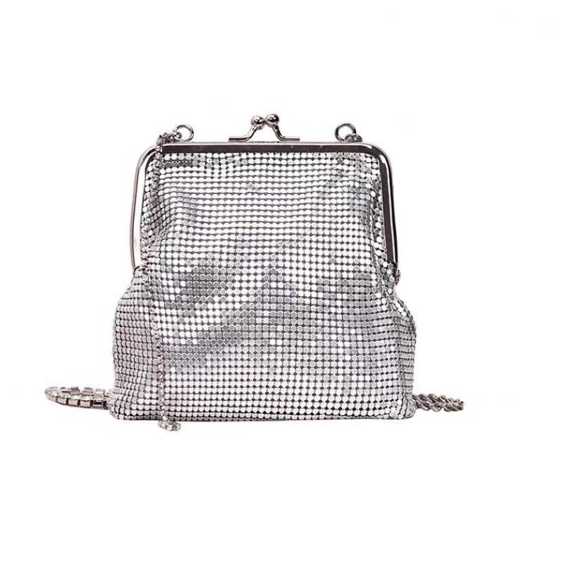 Chains Women Shoulder Bag Retro Kiss Lock Crossbody Bags For Female Metallic Sequin Shell Bag Clip Wallet Small Purse Handbags