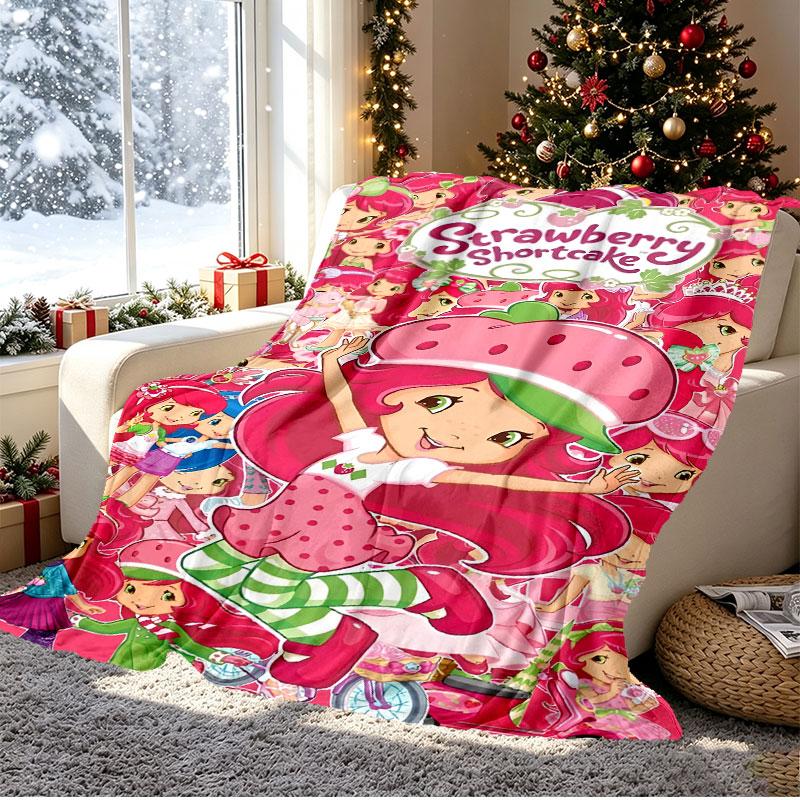 Strawberry Shortcake Pattern Blanket for Home Decoration, Bed, Sofa, Car Travel, Camping, Suitable for All Seasons, Birthday Christmas Gift