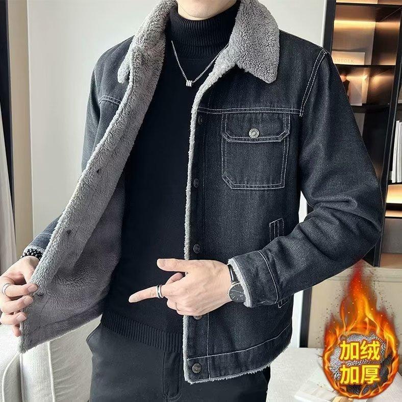 

Fashion denim jacket men s fleece thickened autumn and winter lamb fleece new slim casual sports temperament jacket men s clothing M
