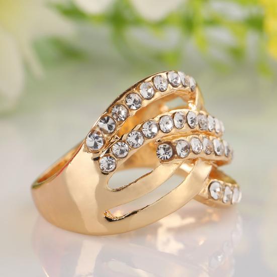 Luxury 9K Gold Plated Alloy Finger Band Rhinestone Inlaid Ring Jewelry Gift