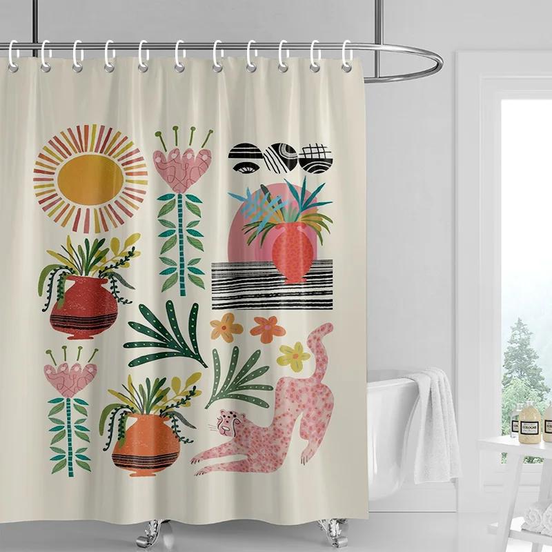 Nordic Style Bathroom Soft Fabric Shower Curtain Abstract Tropical Plant Art Pattern Waterproof Bathroom Decorative Curtain