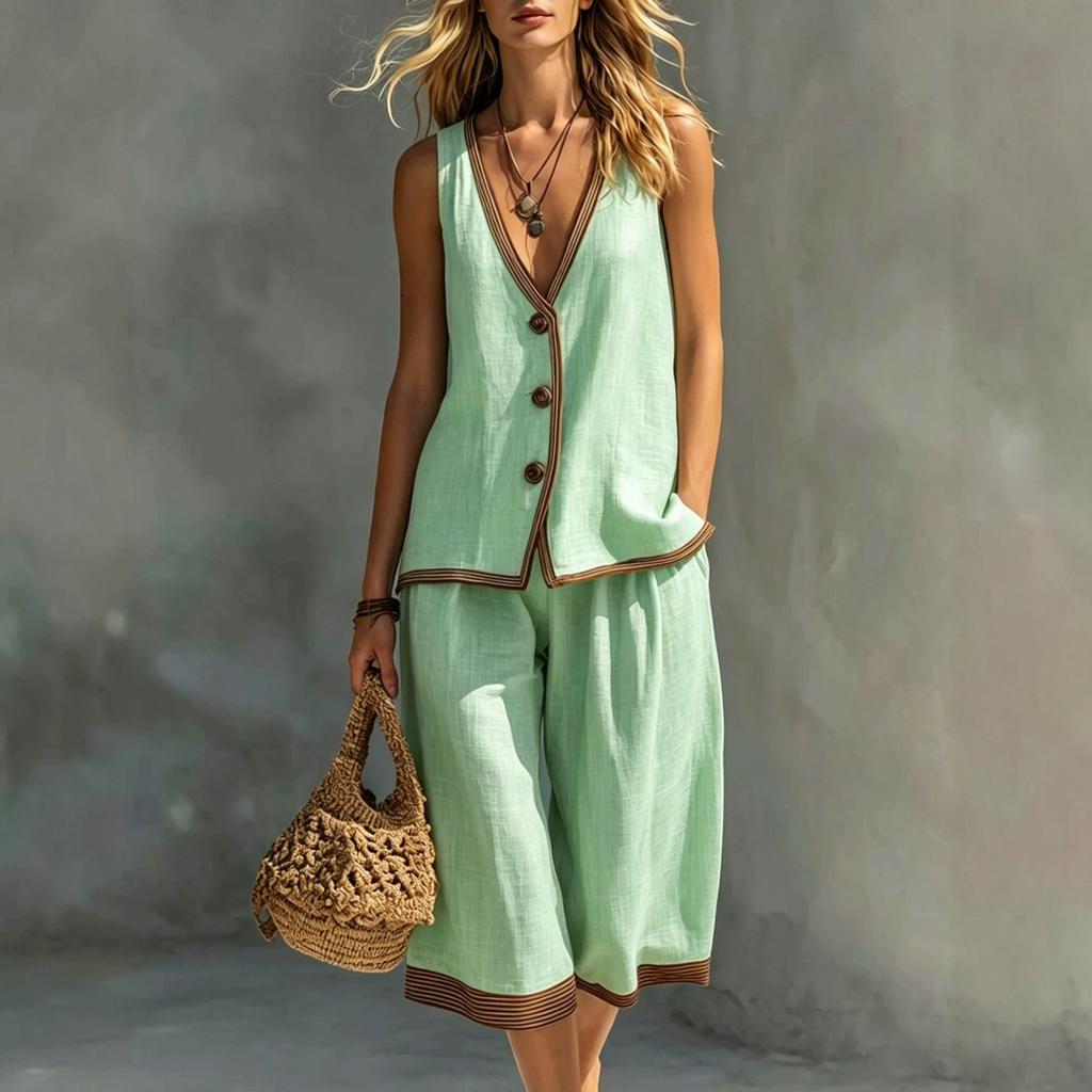 Cross-border exclusive for European and American summer women's vacation style two-piece set, solid color button casual vest cardigan women's shorts