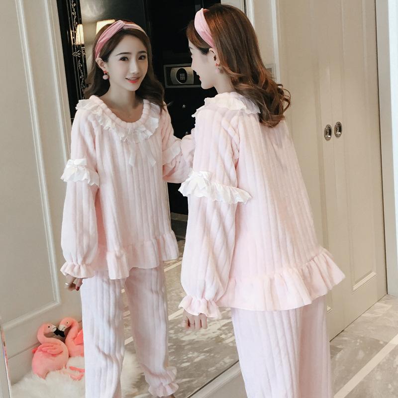 Women's Two-Piece Thickened Warm Coral Velvet Pajamas Spring Long-Sleeved Solid Striped Ladies Homewear Suit Sleepwear