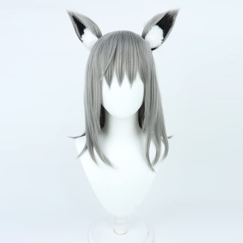 Cosplay Wig with Net, Shiroko Sand Wolf Style, Gray, with Ears, Heat Resistant, Costume Accessory