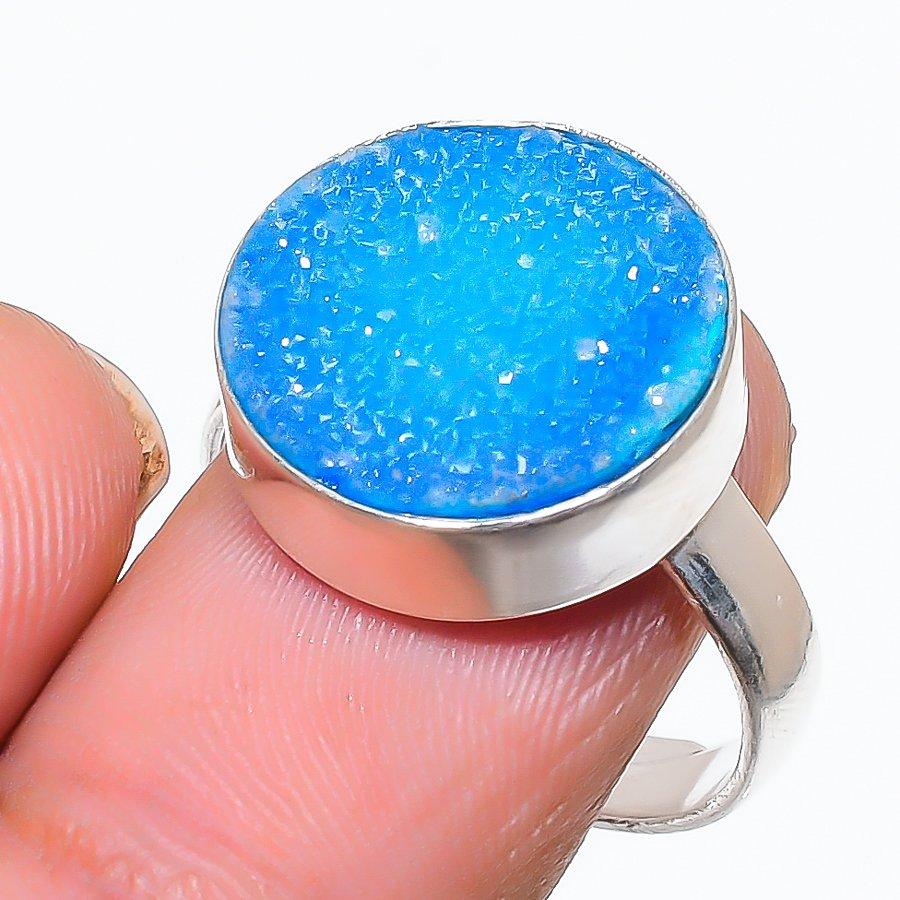 Blue Druzy Gemstone 925 Sterling Silver Jewelry Ring Size Adjustable GK-4416