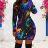 Women Plus Size Round Neck Long Sleeve Colorful Printed Bodycon Mini Dress