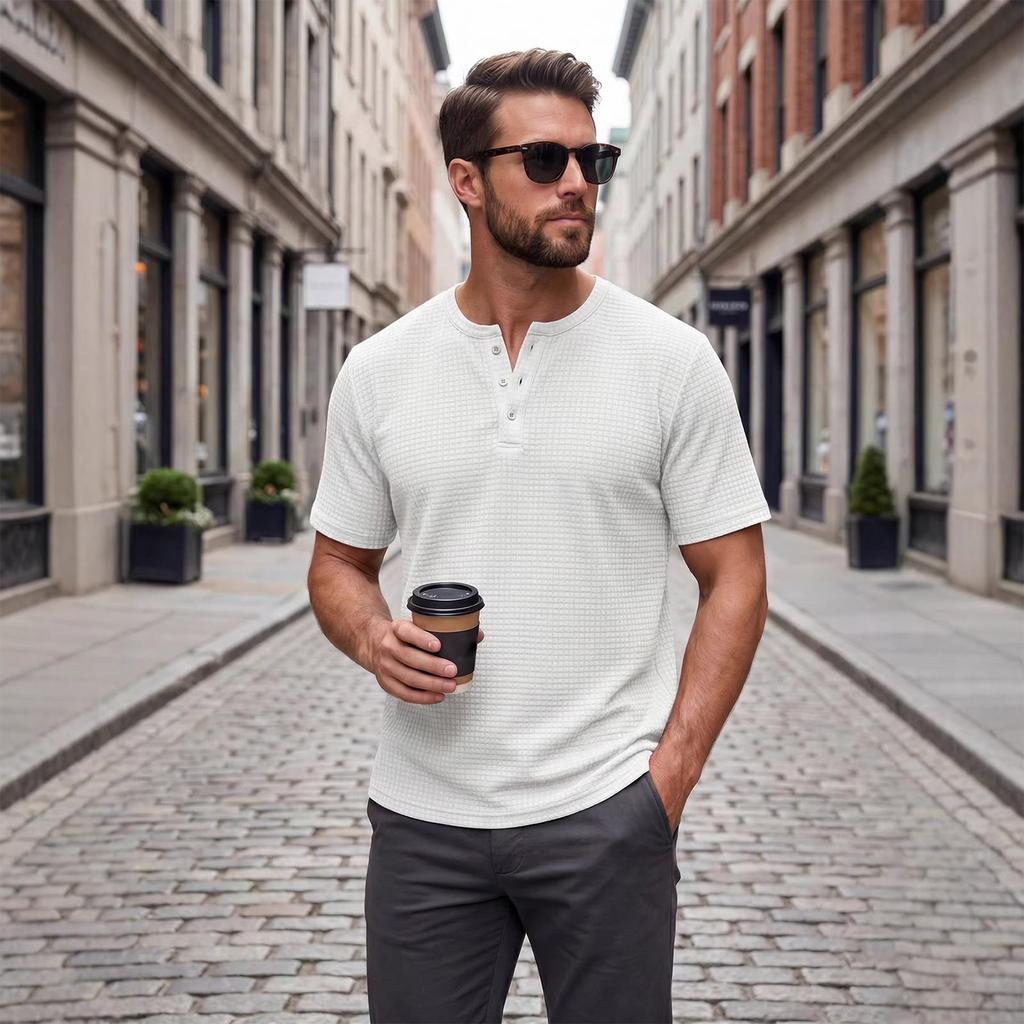 Men's Round Neck Single Breasted Collared Shirt  Men's Casual And Comfortable Short Sleeved Shirt