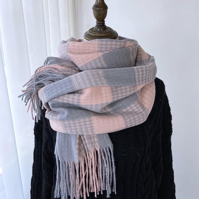 Scarf women's autumn and winter new style imitation cashmere tassel scarf, student versatile warm and thick plaid shawl