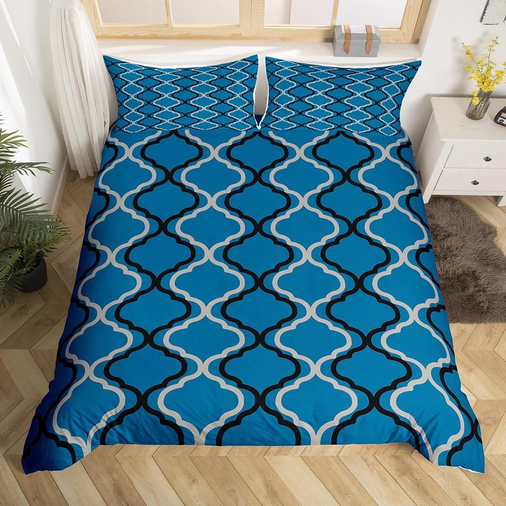 Geometric Modern Duvet Cover King Queen Black Gray Blue Comforter Cover with 2 Pillowcases Retro Stripes Geometry Bedding Set