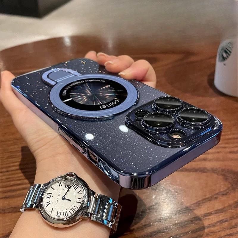 Applicable To IPhone17 Plating Flash Powder Leakage Mark Magnetic Suction Bracket Mobile Phone Case Apple 16pro Lens Film Protection Case